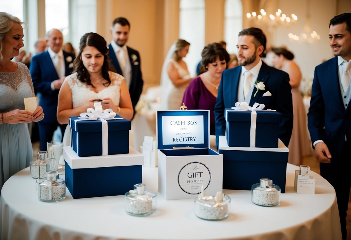A wedding gift table with a cash box and a registry display, surrounded by guests pondering their choices