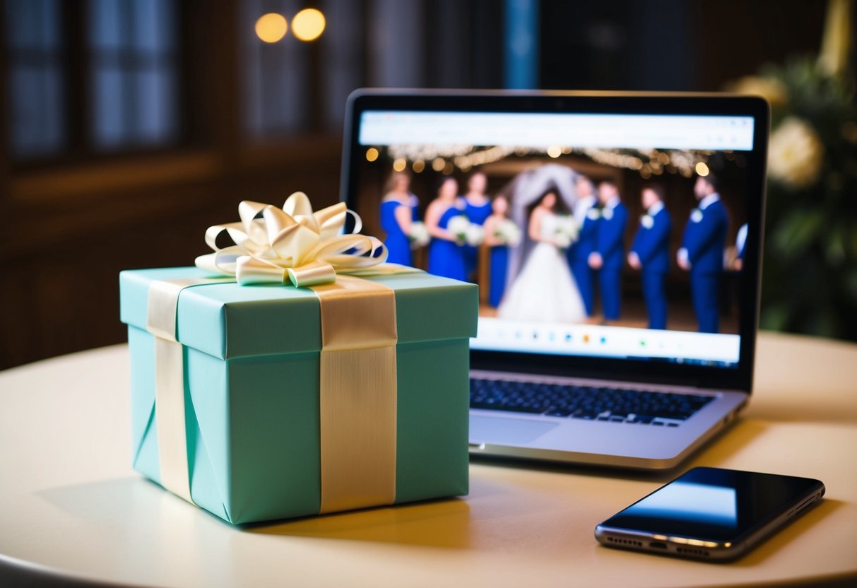 A beautifully wrapped gift box with a ribbon and bow sits on a table in front of a laptop displaying a Zoom wedding ceremony