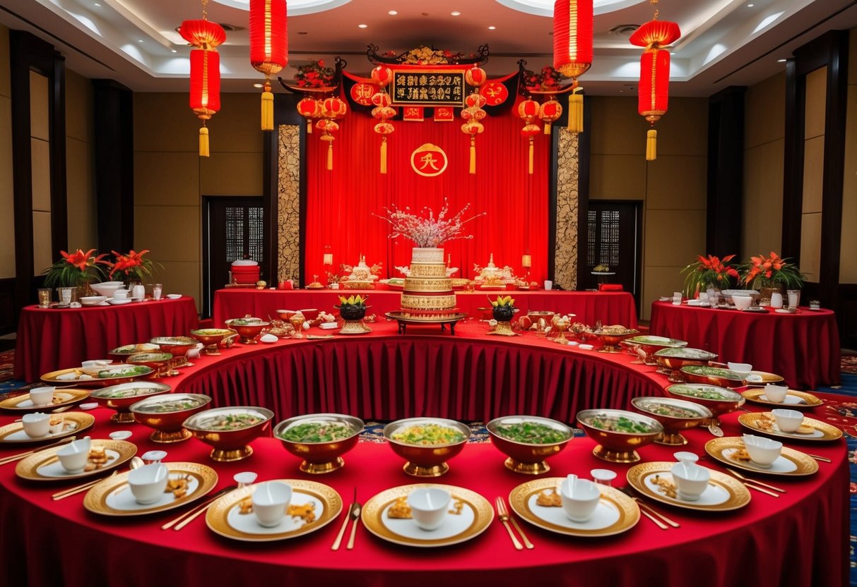 A traditional Chinese wedding banquet with red and gold decor, a large round table, and a display of elaborate dishes