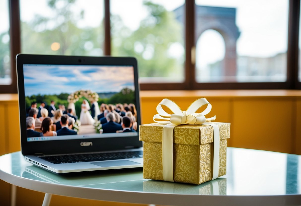A beautifully decorated gift box with a ribbon sits on a table next to a laptop displaying a Zoom wedding ceremony