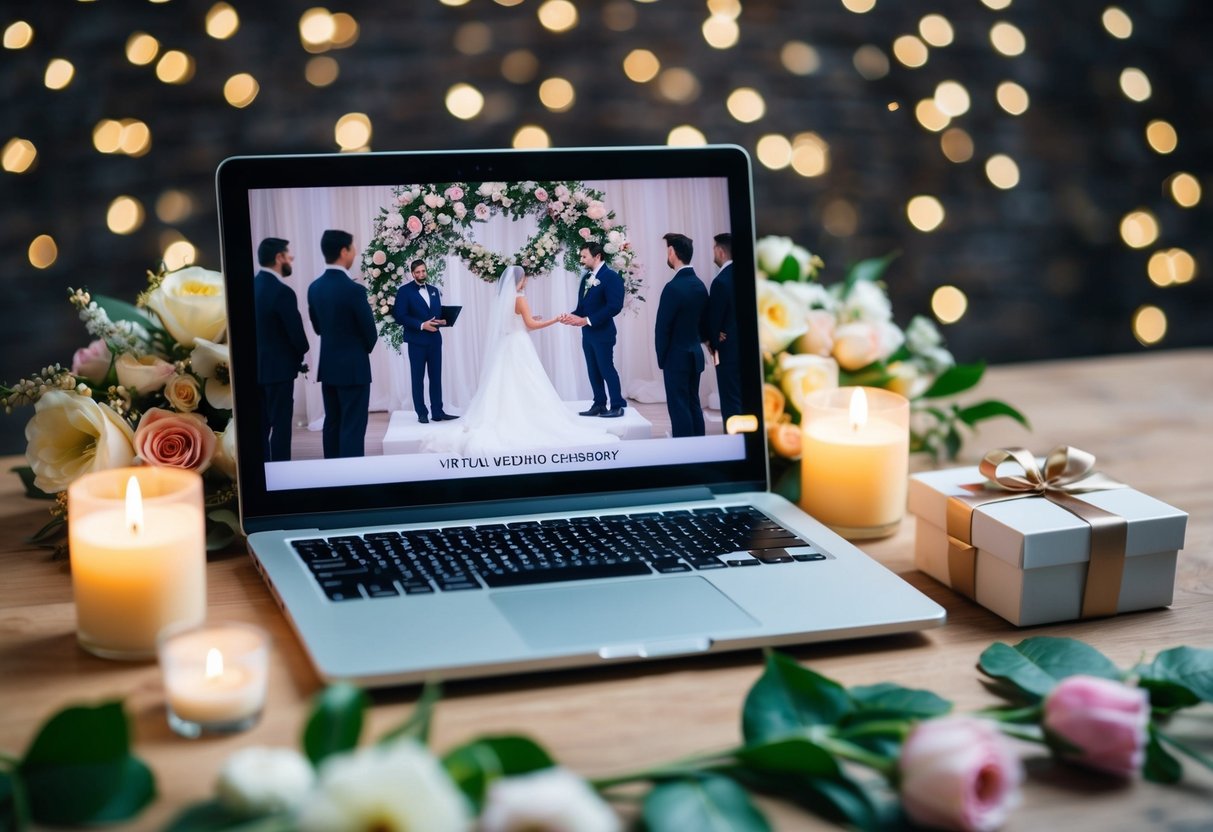 A laptop displaying a virtual wedding ceremony, surrounded by flowers, candles, and a small gift box