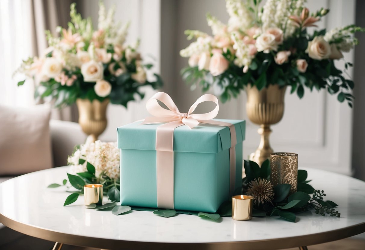 A beautifully wrapped gift box with a ribbon and bow sitting on a table surrounded by elegant floral arrangements and decorative elements