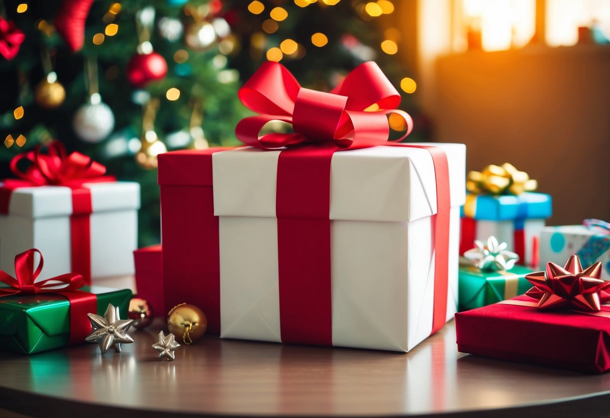 A wrapped gift box with a bow on a table, surrounded by various other gifts and decorations