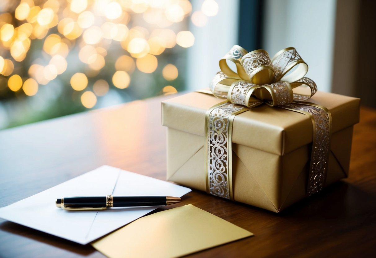 A beautifully wrapped gift box with a decorative bow sits on a table next to a wedding card and a pen