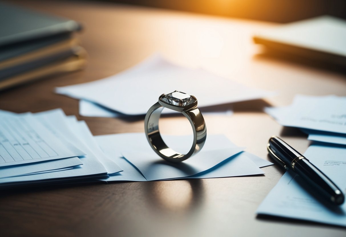 A broken wedding ring on a table, surrounded by scattered papers and a pen