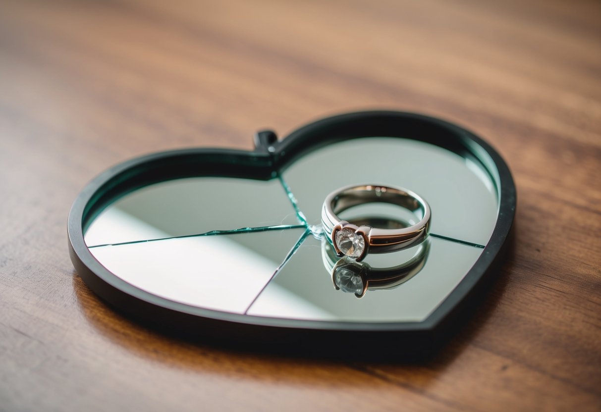 A broken wedding ring lies on a cracked heart-shaped mirror