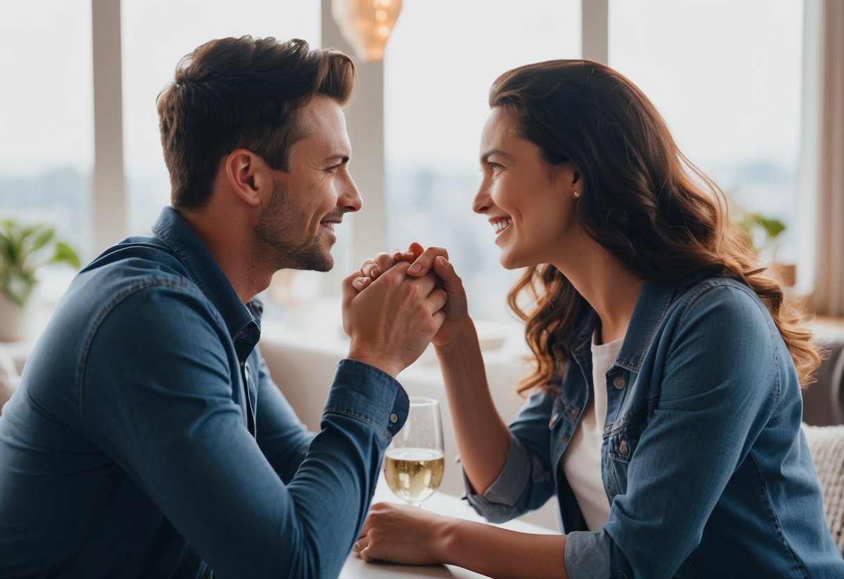 A couple meeting for the first time in person after connecting through an online dating app, with a romantic setting and a sense of anticipation in the air