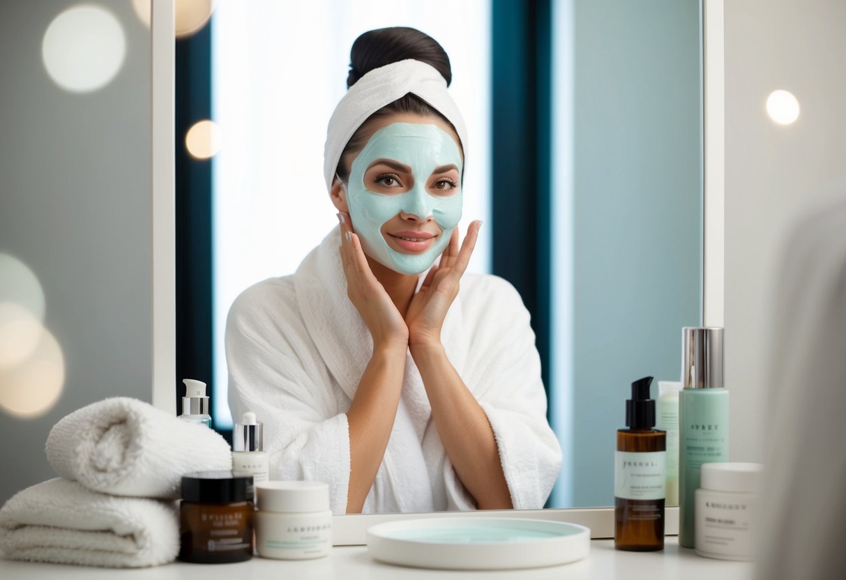 A woman applies a cooling gel mask while sitting in front of a mirror, surrounded by skincare products and a fluffy towel
