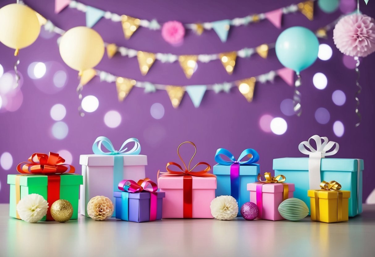 A group of virtual party decorations, gifts, and celebratory items arranged in a digital space for a wedding shower