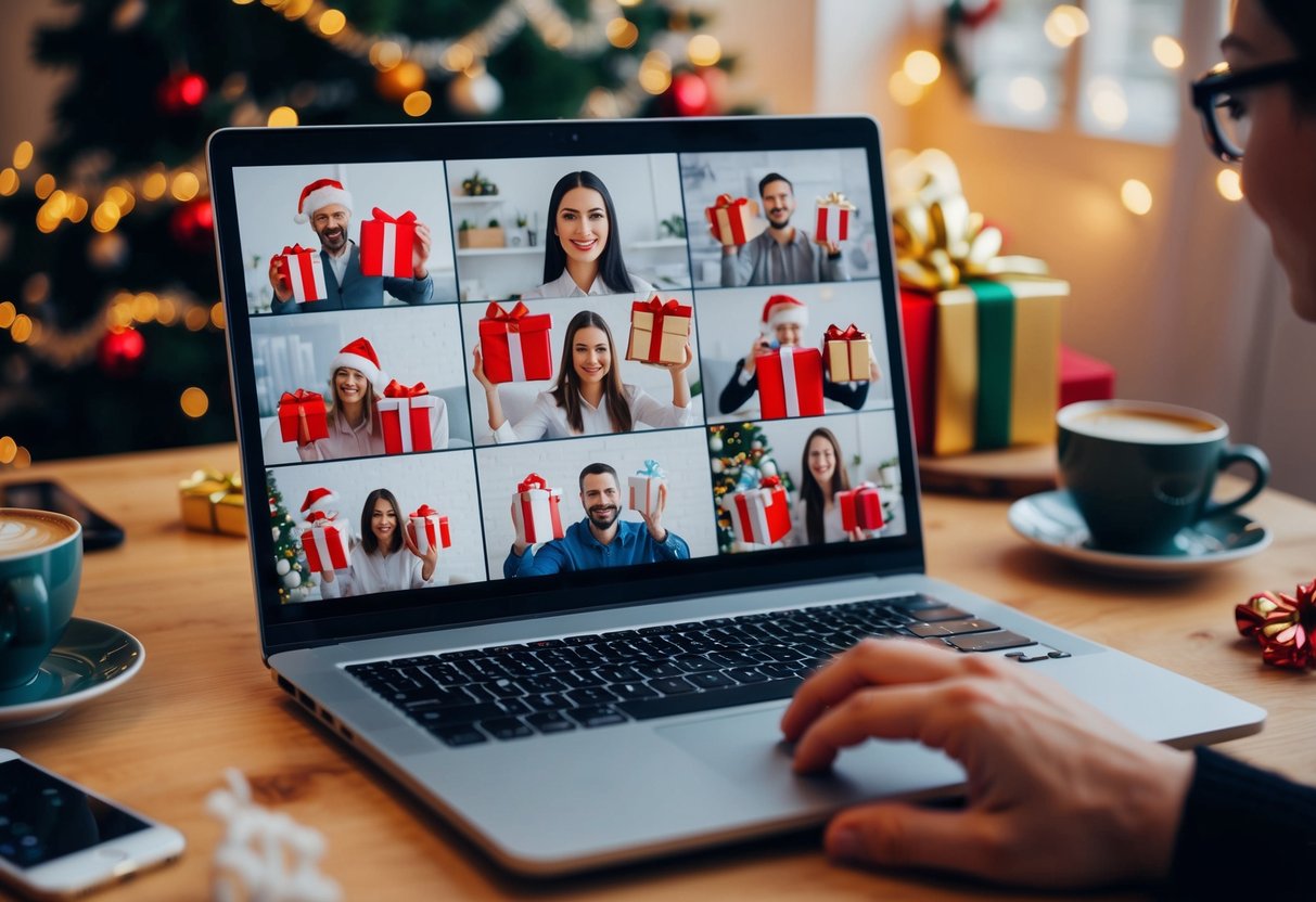 A laptop displaying a video call with multiple guests holding up gifts and smiling, surrounded by virtual decorations and a festive atmosphere