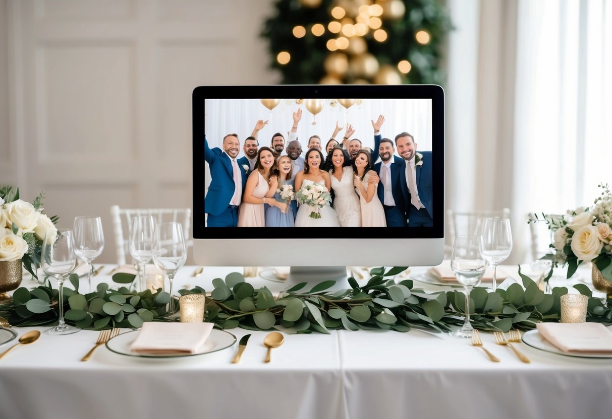 A table adorned with elegant decorations and a virtual screen displaying a joyful group of guests celebrating a virtual wedding shower