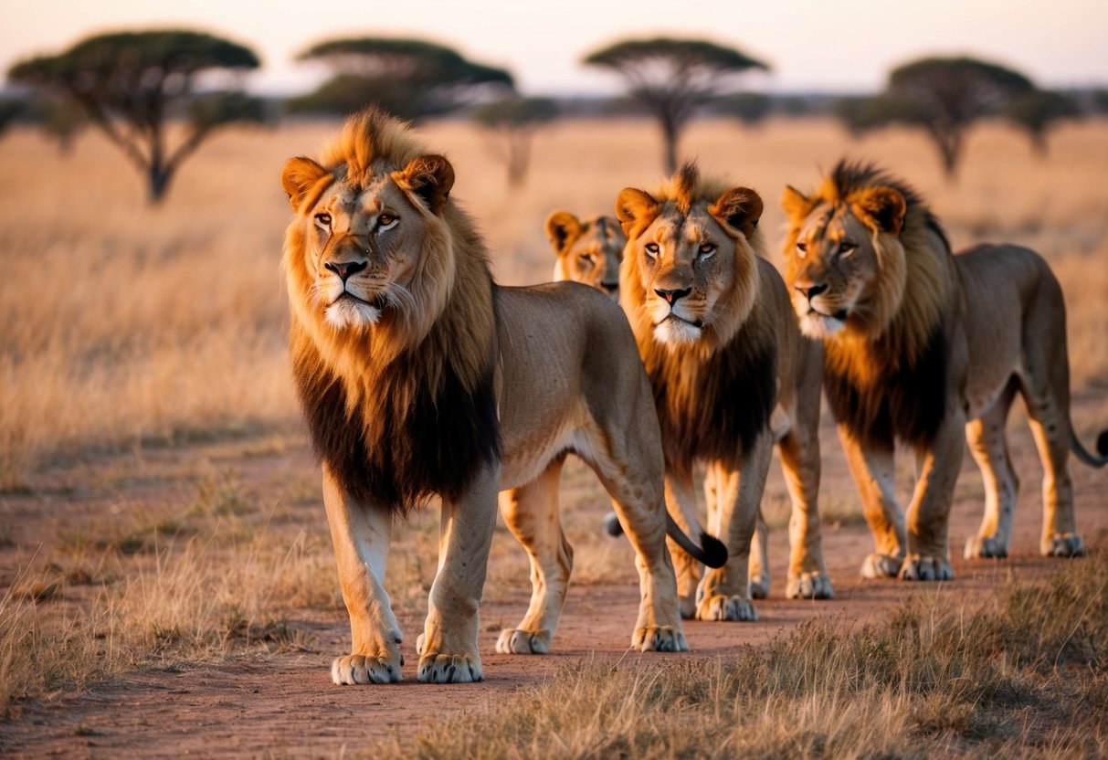 A lioness leads the pride, standing tall and regal as the other lions follow her lead through the savannah