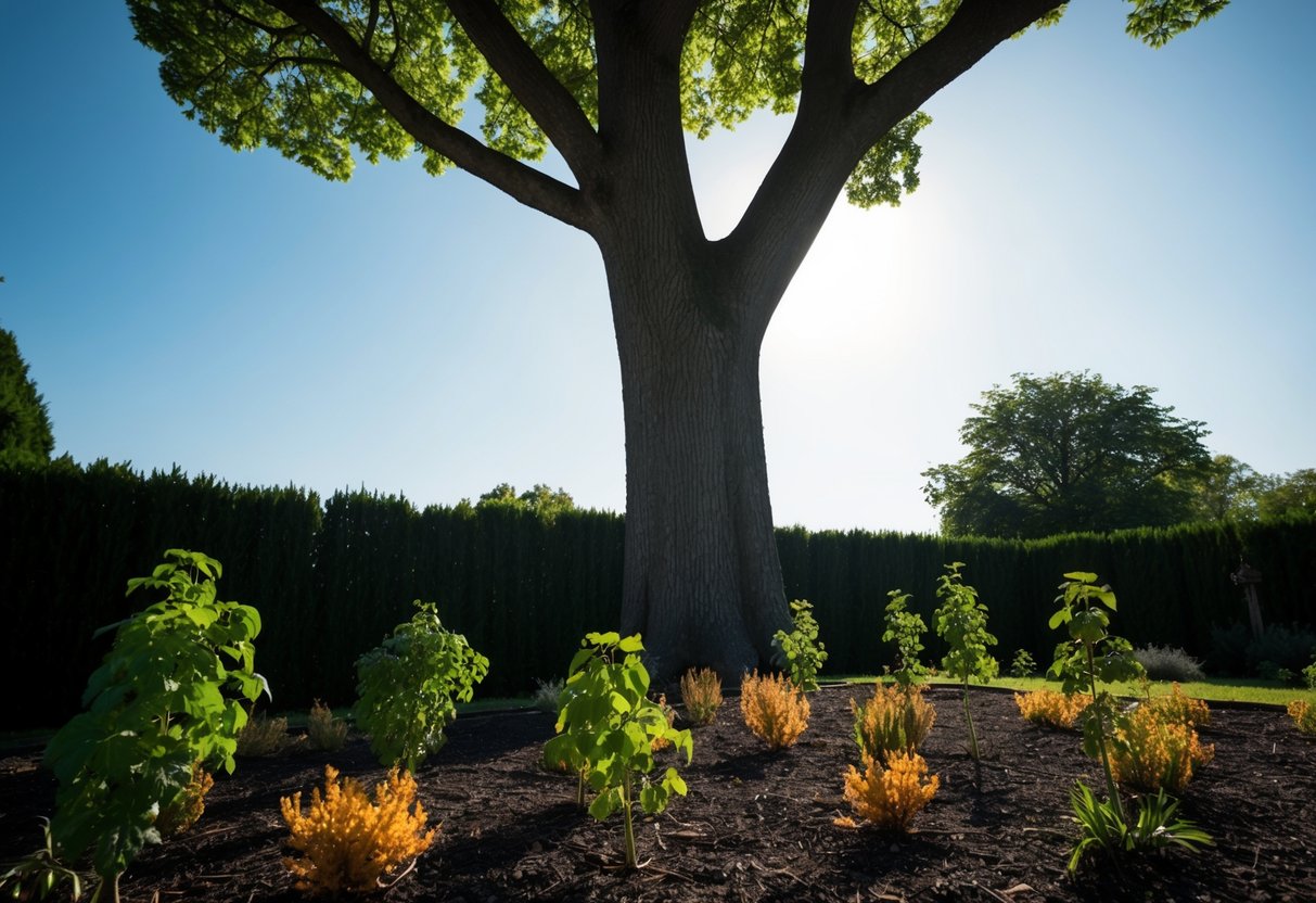 A towering tree casting a shadow over smaller, wilted plants in a garden