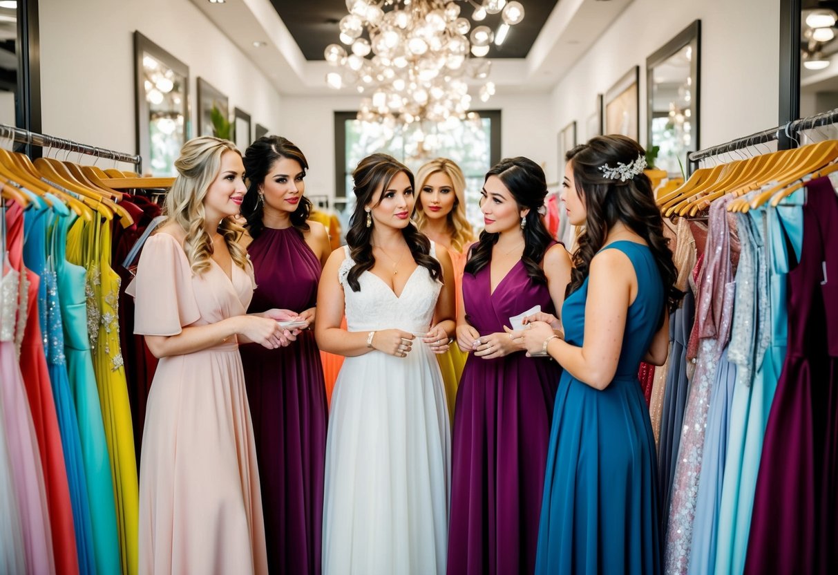 A group of bridesmaids stand in a boutique, surrounded by racks of colorful dresses. They inspect the different styles and fabrics, discussing their options