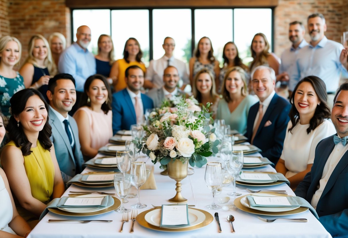 A table set with elegant place settings and floral centerpieces, surrounded by a gathering of joyful friends and family