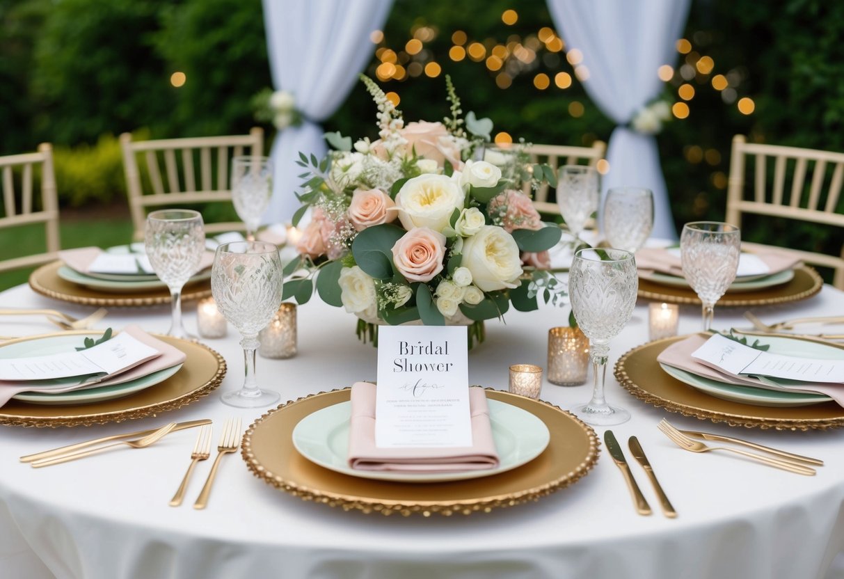 A table set with elegant place settings for a bridal shower, surrounded by floral centerpieces and delicate decorations