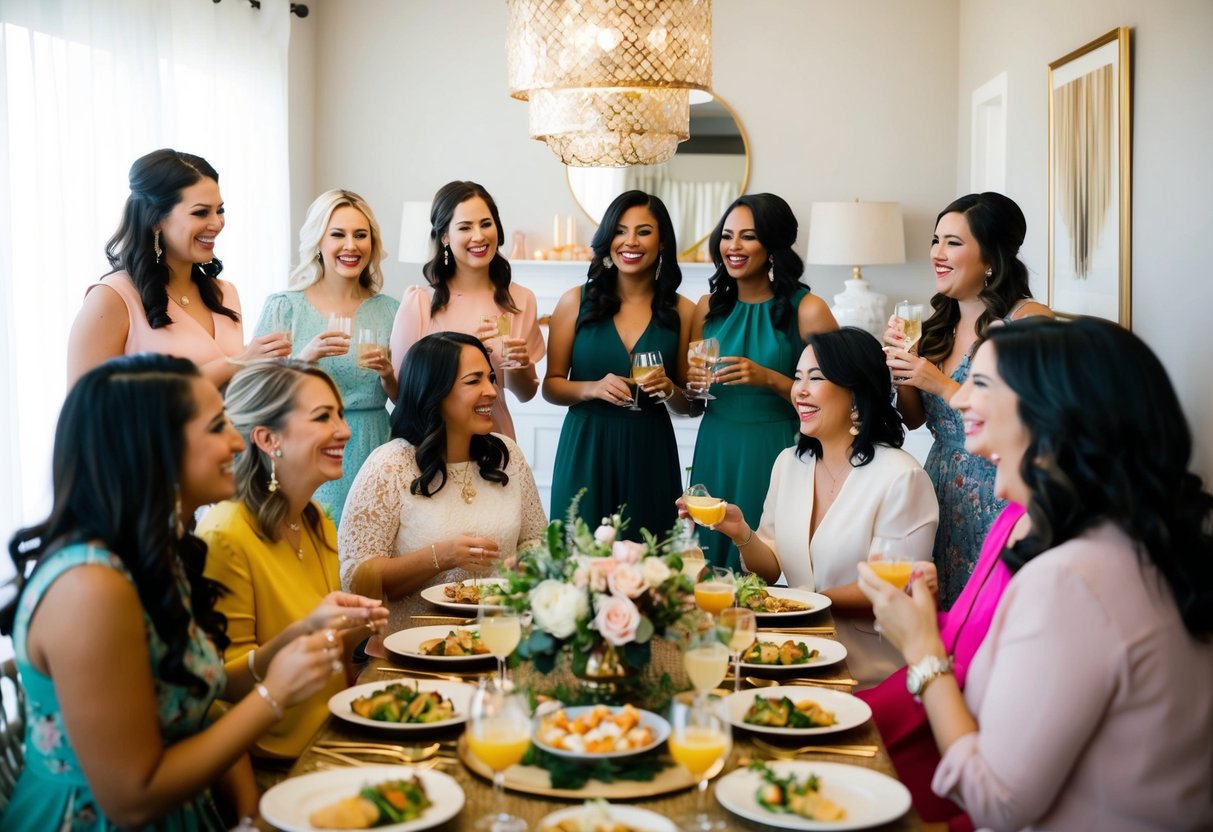 A group of women gather in a decorated space, chatting and laughing while enjoying food and drinks at a bridal shower