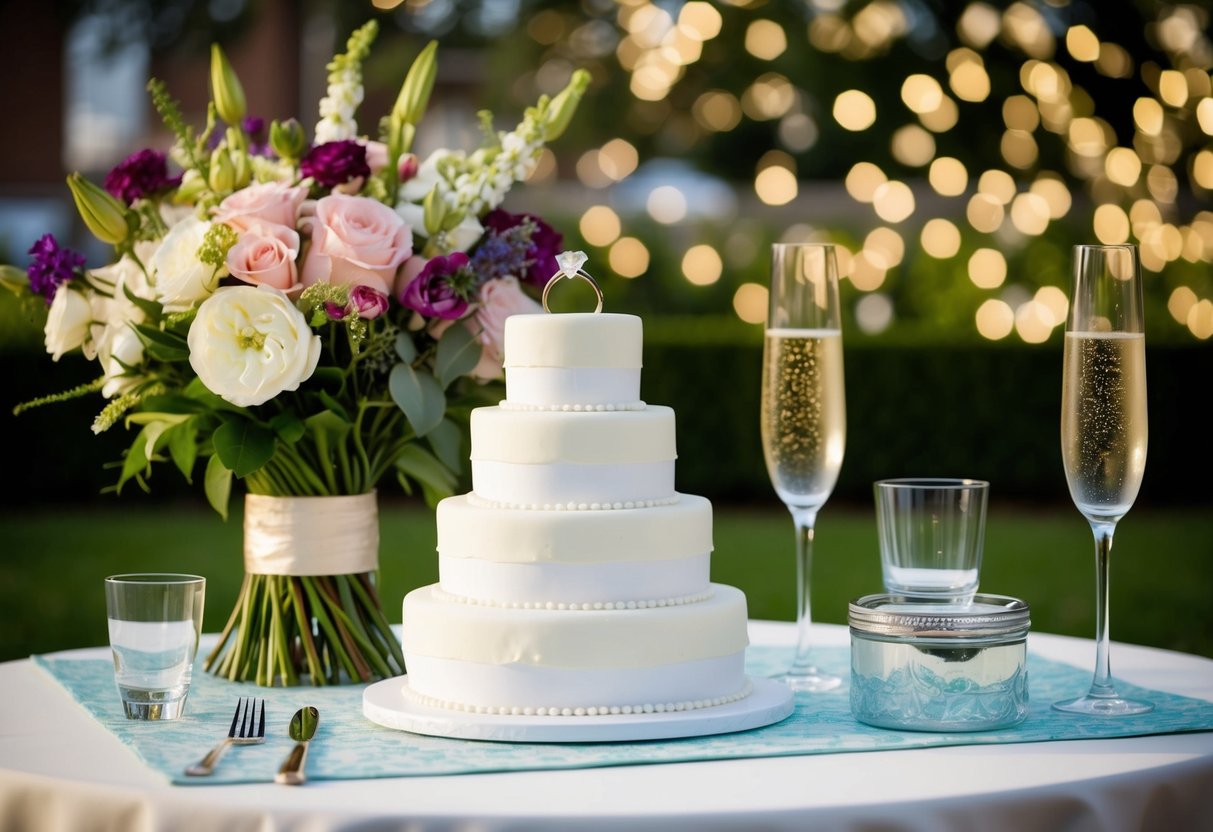 A bouquet of flowers, a wedding ring, a tiered cake, and champagne glasses on a decorated table