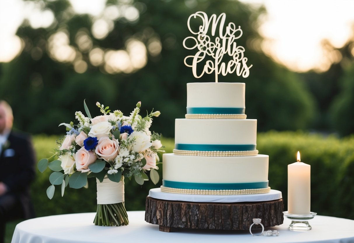 A wedding cake with tiers and a topper, a bouquet of flowers, a pair of wedding rings, and a unity candle