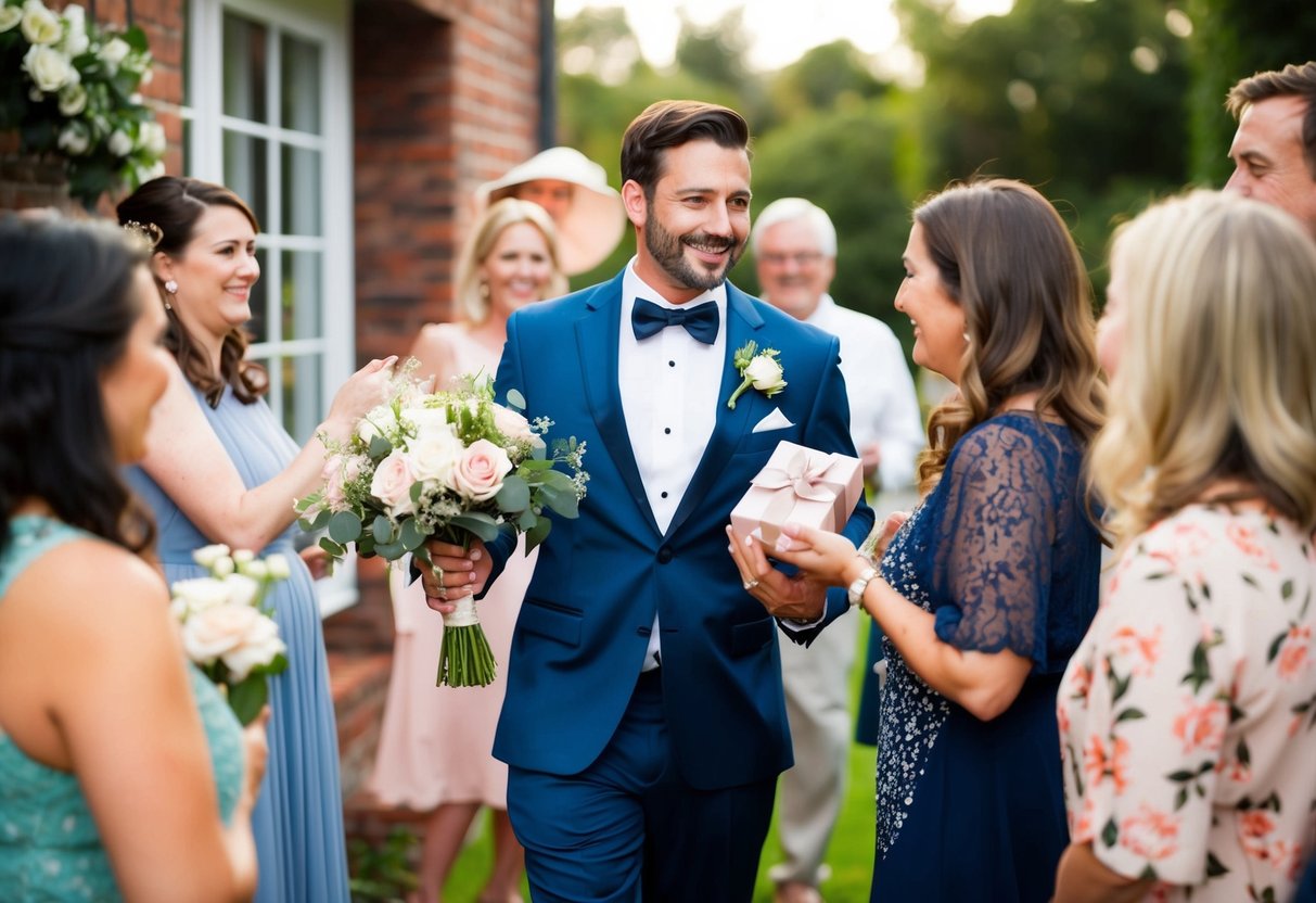The groom arrives at the bridal shower, carrying a bouquet of flowers and a gift. He is greeted warmly by the guests and joins in the celebration