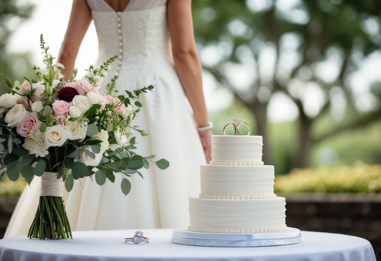 A wedding scene with a white gown, a floral bouquet, a tiered cake, and a pair of wedding rings on a table
