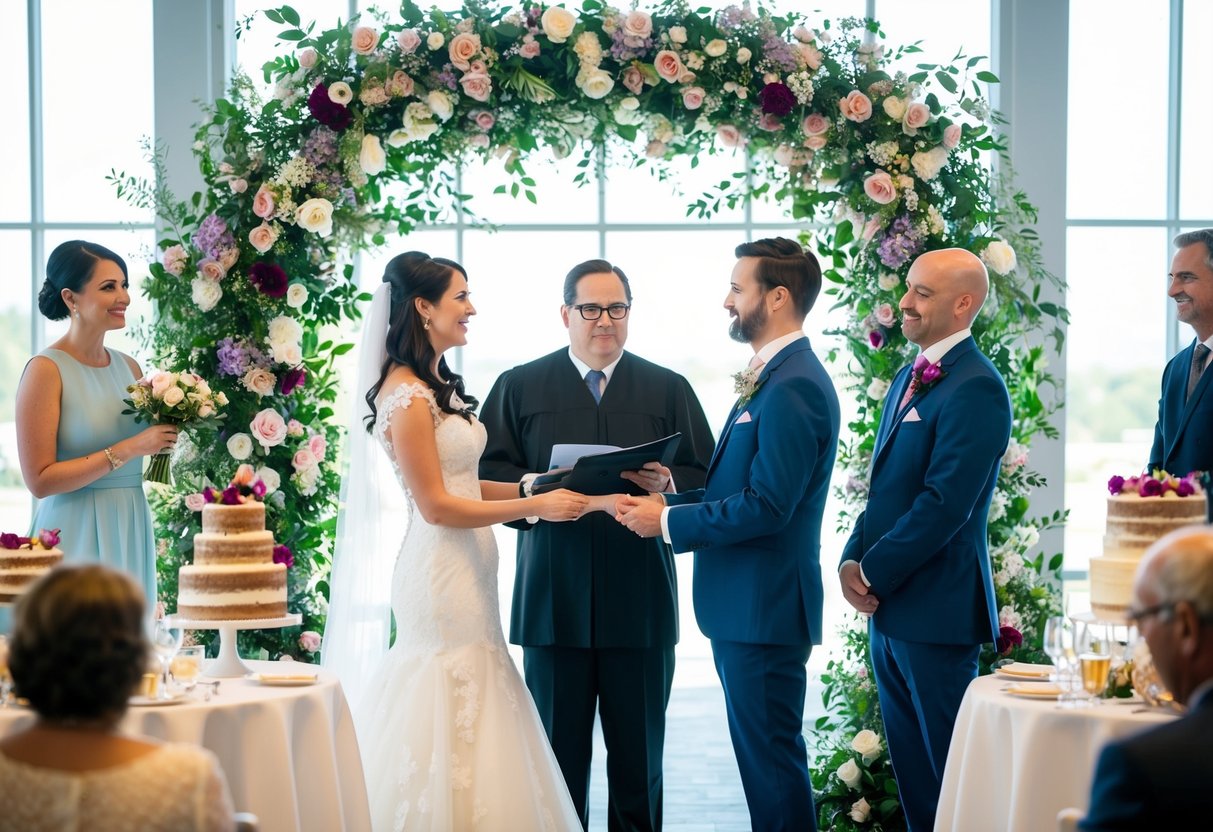 A bride, groom, officiant, and wedding planner stand under a floral arch. Tables with place settings and a tiered cake are arranged nearby