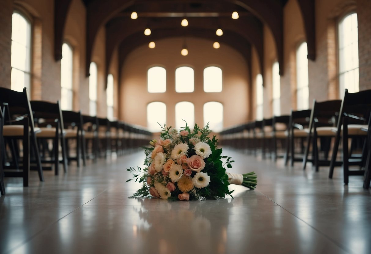 A bouquet of flowers lies at the end of an empty aisle, bathed in soft, warm light from the windows