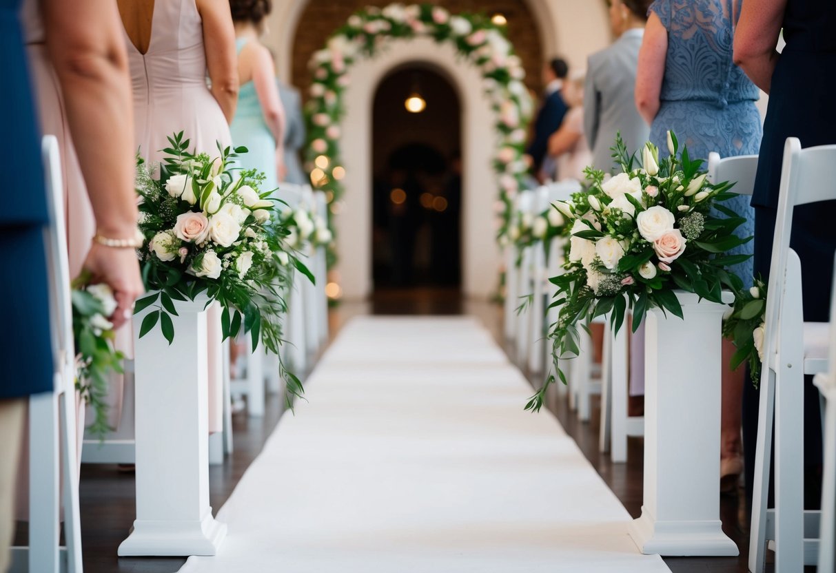 A bouquet of flowers rests on a white pedestal at the end of a long aisle in a wedding ceremony