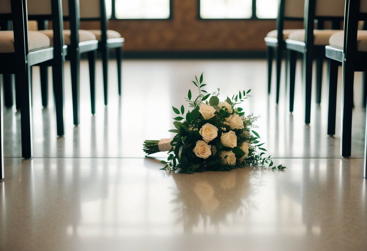 A bouquet lies at the end of an empty aisle, bathed in soft light from a nearby window