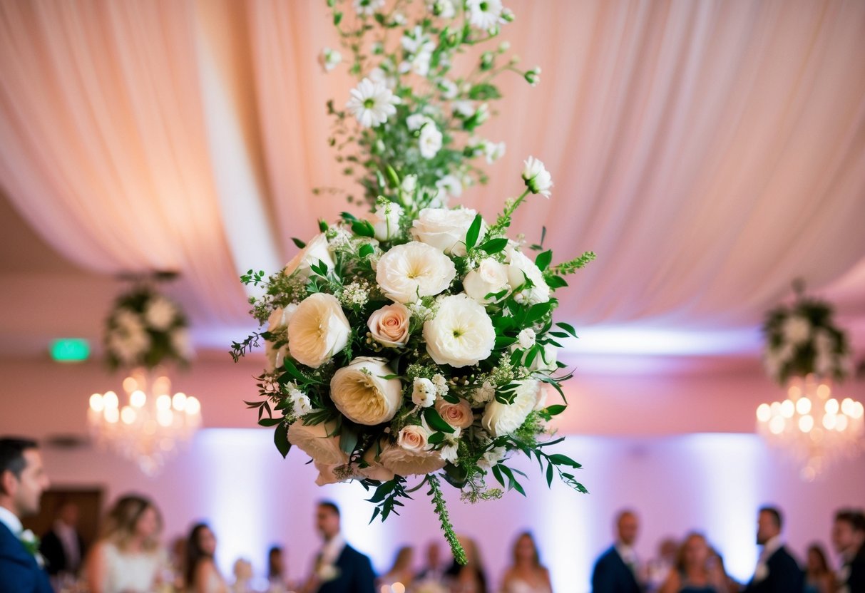 A bouquet of flowers flying through the air at a wedding reception