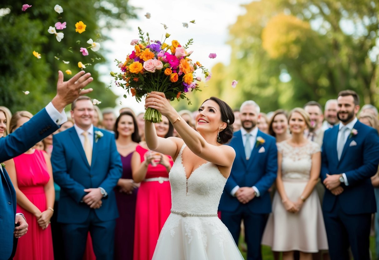 The wife throws a bouquet of vibrant flowers into a crowd of eager wedding guests