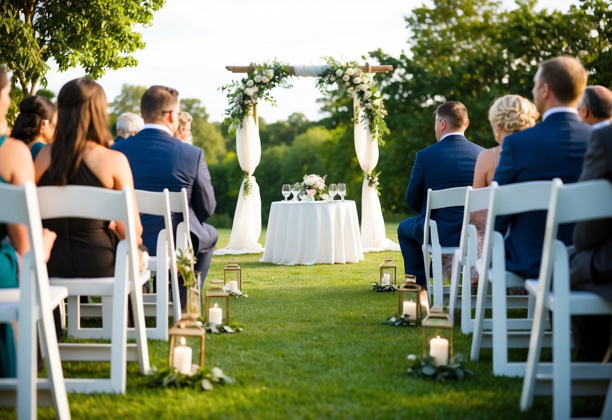 A small outdoor ceremony with a decorated arch, a few rows of chairs, and a table set for a small reception
