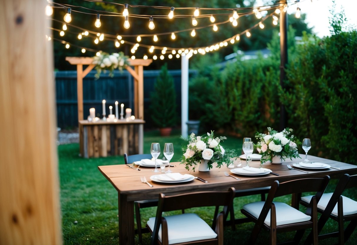 A small, intimate ceremony and reception in a cozy backyard with twinkling lights, a rustic wooden altar, and a beautifully set table for a micro wedding