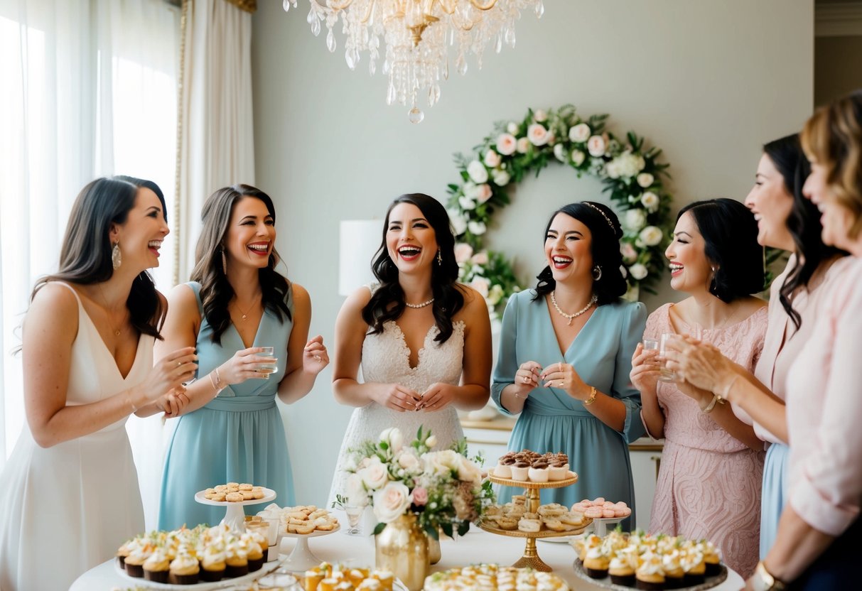 A group of women laughing and chatting at a beautifully decorated bridal shower with elegant decorations and a table filled with delicious treats