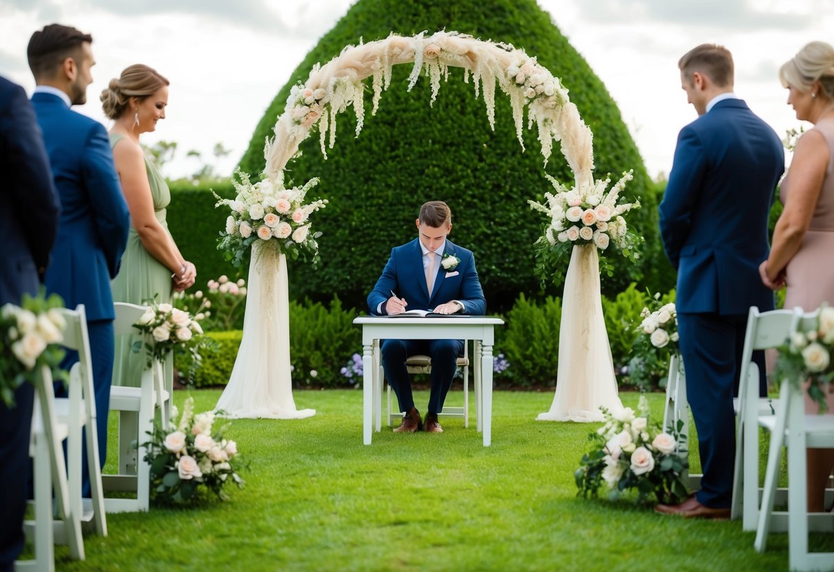A small, intimate ceremony in a lush garden with a beautifully decorated arch, delicate flower arrangements, and a small table set for signing legal documents
