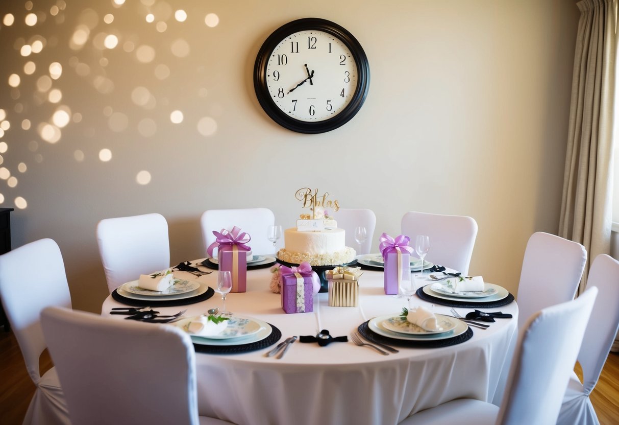 A table set for a bridal shower, with decorations and gifts, surrounded by chairs. A clock on the wall shows 2 hours