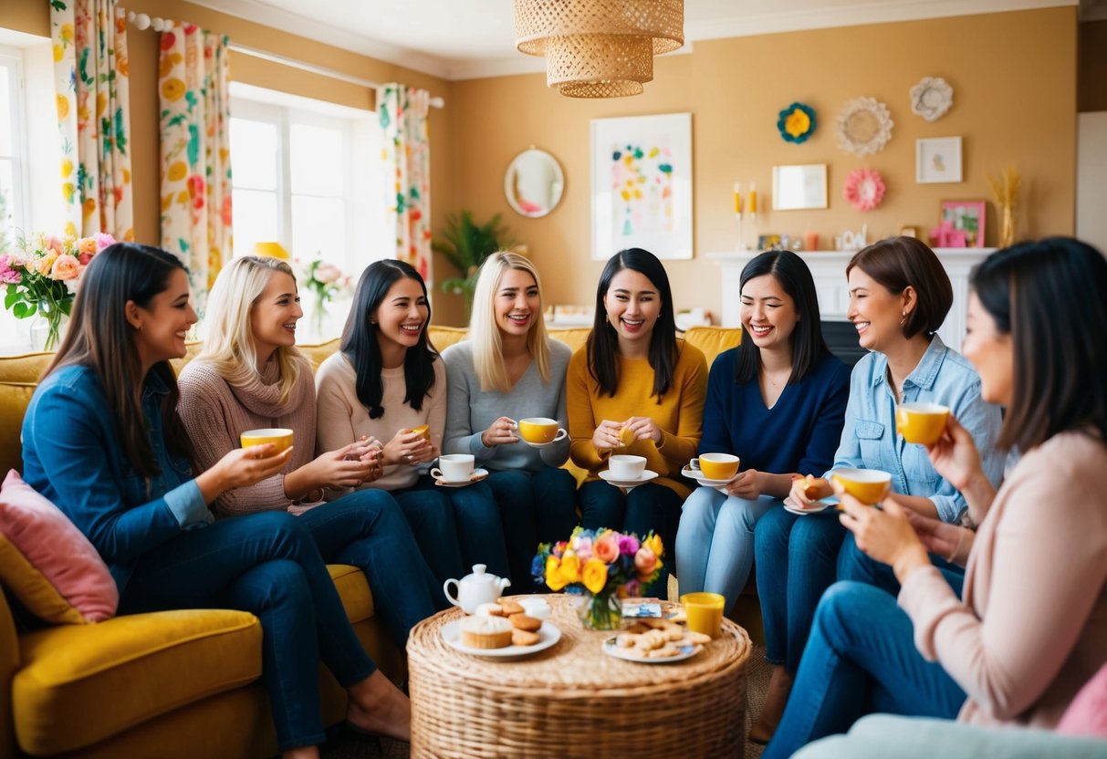 A group of women gather in a cozy, well-decorated living room, chatting and laughing over tea and snacks. The room is filled with colorful decorations and flowers, creating a warm and intimate atmosphere