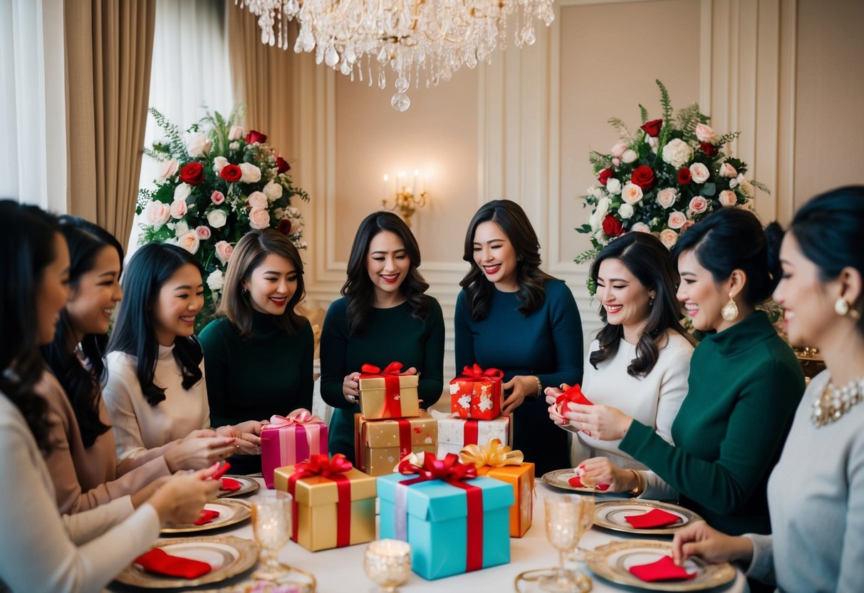 A group of women gather in a decorated space, exchanging gifts and playing games, surrounded by floral arrangements and elegant table settings