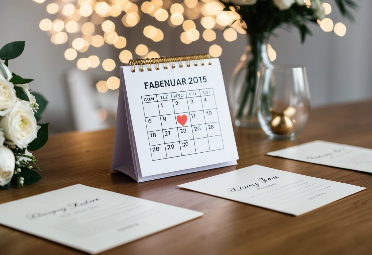 A calendar with a wedding date circled and invitations being mailed out two to three months prior