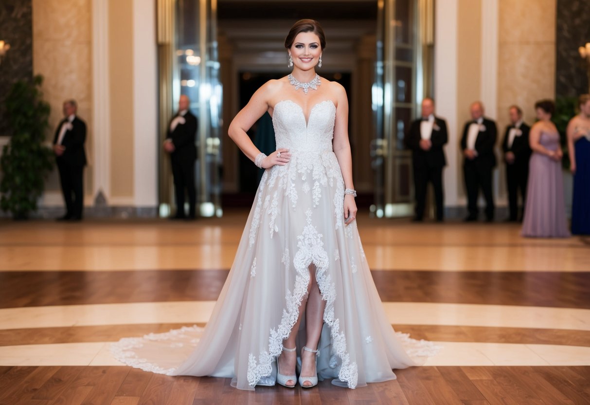 A woman in a floor-length, elegant gown with delicate lace details, paired with sparkling jewelry and high heels, standing in front of a grand ballroom entrance