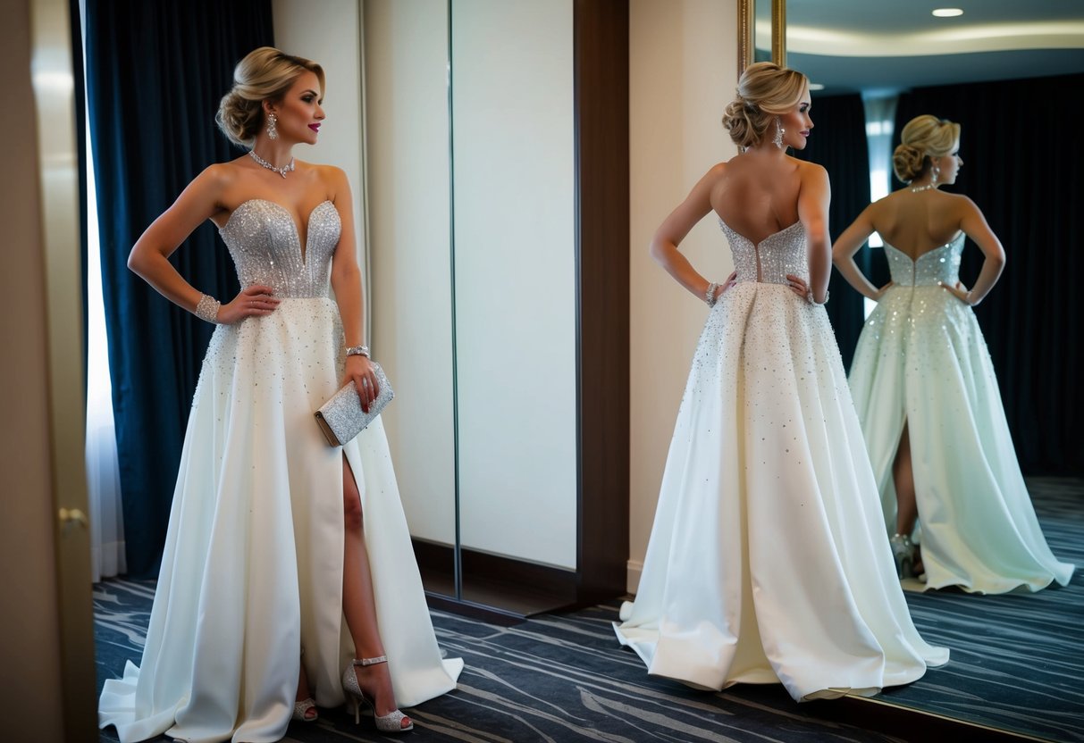 A woman in a floor-length, elegant gown with sparkling accessories, a clutch, and heels, standing in front of a mirror, admiring her reflection