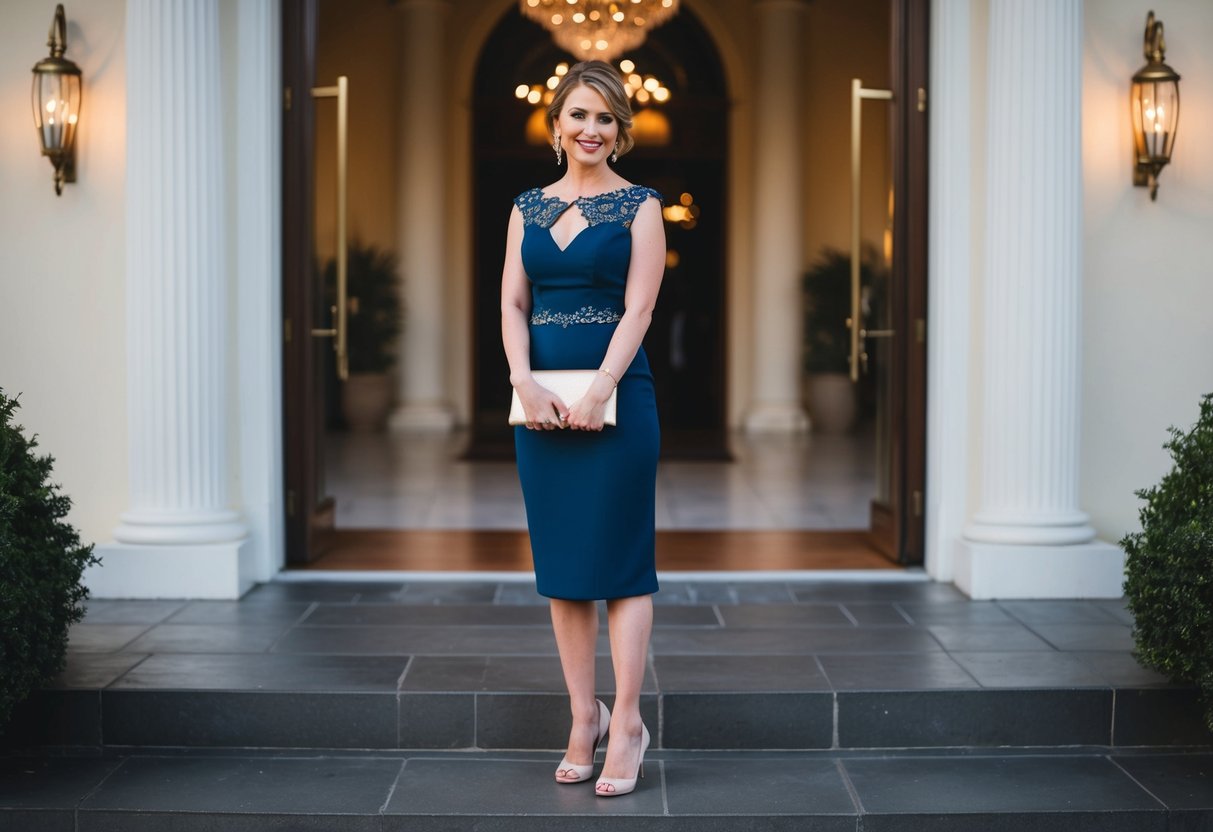 A woman in a formal dress and heels, holding a clutch, standing in front of a grand entrance to a wedding venue