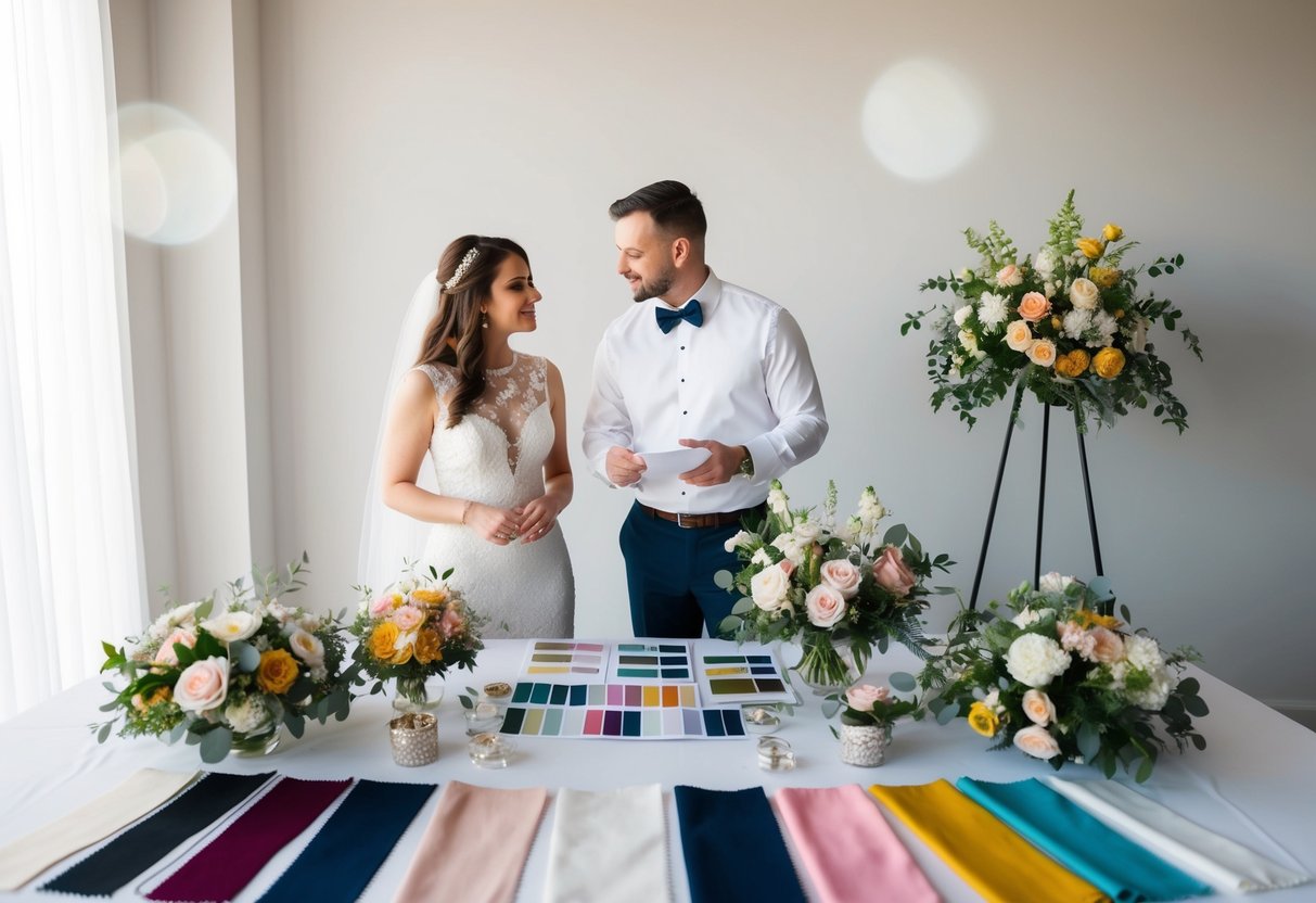 A couple discussing wedding decorations at a table with various fabric swatches, flower arrangements, and color palettes spread out in front of them