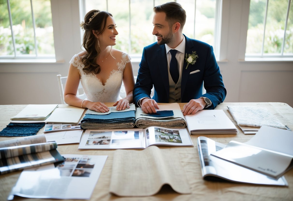 A couple sits at a table covered in fabric swatches and design magazines, surrounded by sketches of potential wedding decorations