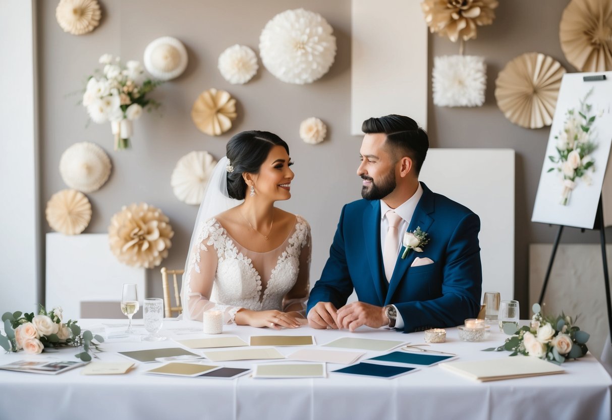 A couple sits at a table covered in wedding decor samples, surrounded by swatches and sketches. They discuss and make decisions on decorations for their upcoming wedding