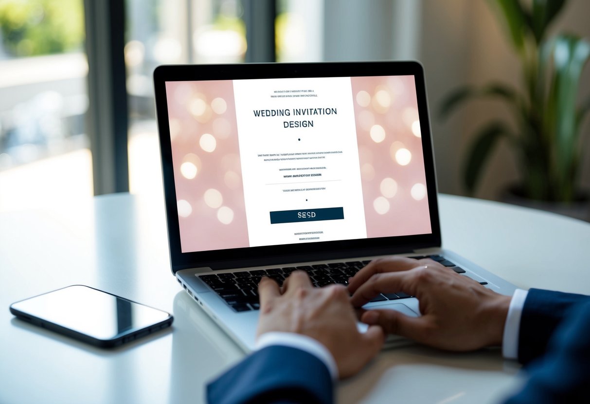 A laptop open to a wedding invitation design website, with a cursor clicking on the "send" button