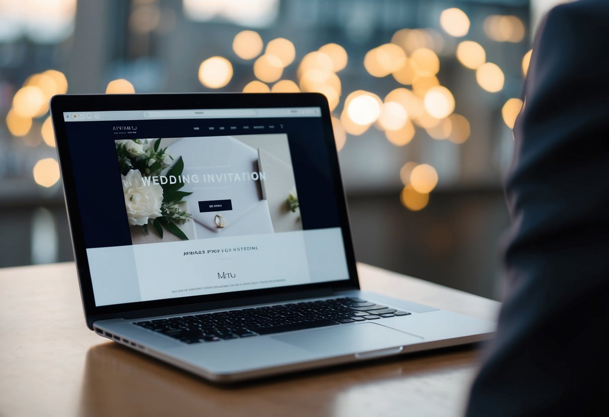 A laptop open to a wedding invitation website, with a cursor hovering over the "send" button