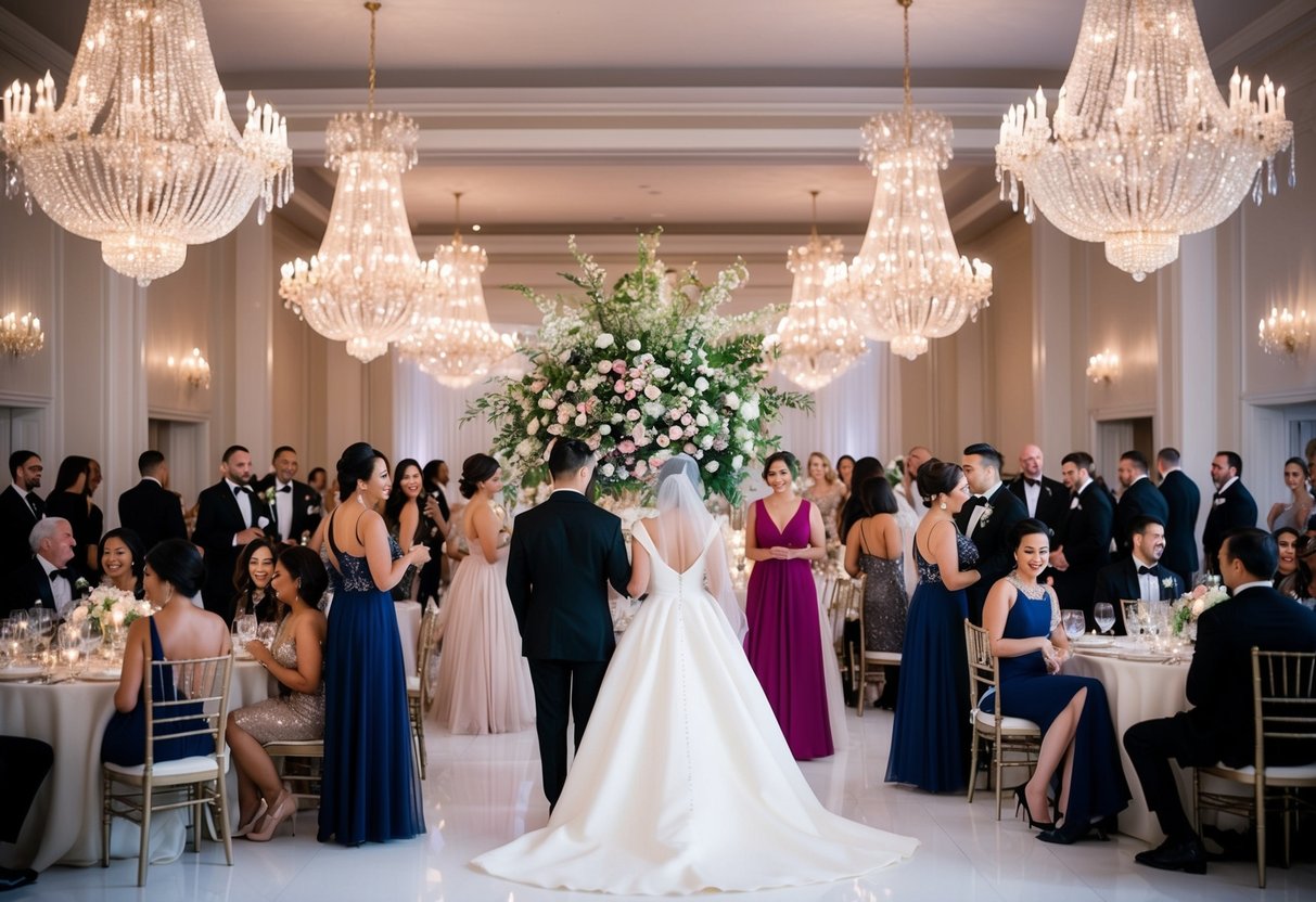 A glamorous ballroom with guests in elegant attire, some in formal gowns, others in cocktail dresses. Sparkling chandeliers and a grand floral centerpiece set the scene for a luxurious wedding celebration