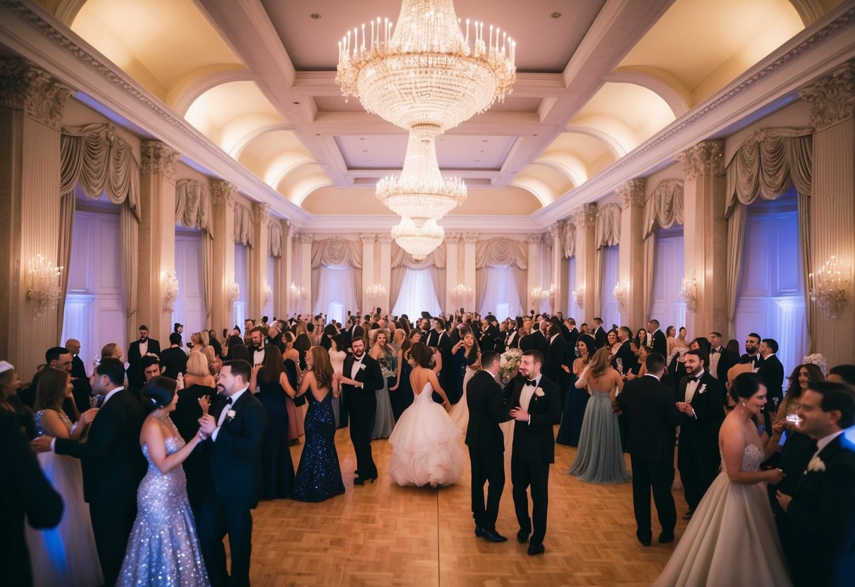 A grand ballroom with elegant decor, soft lighting, and a dance floor filled with guests in formal attire. A sparkling dress would fit in perfectly