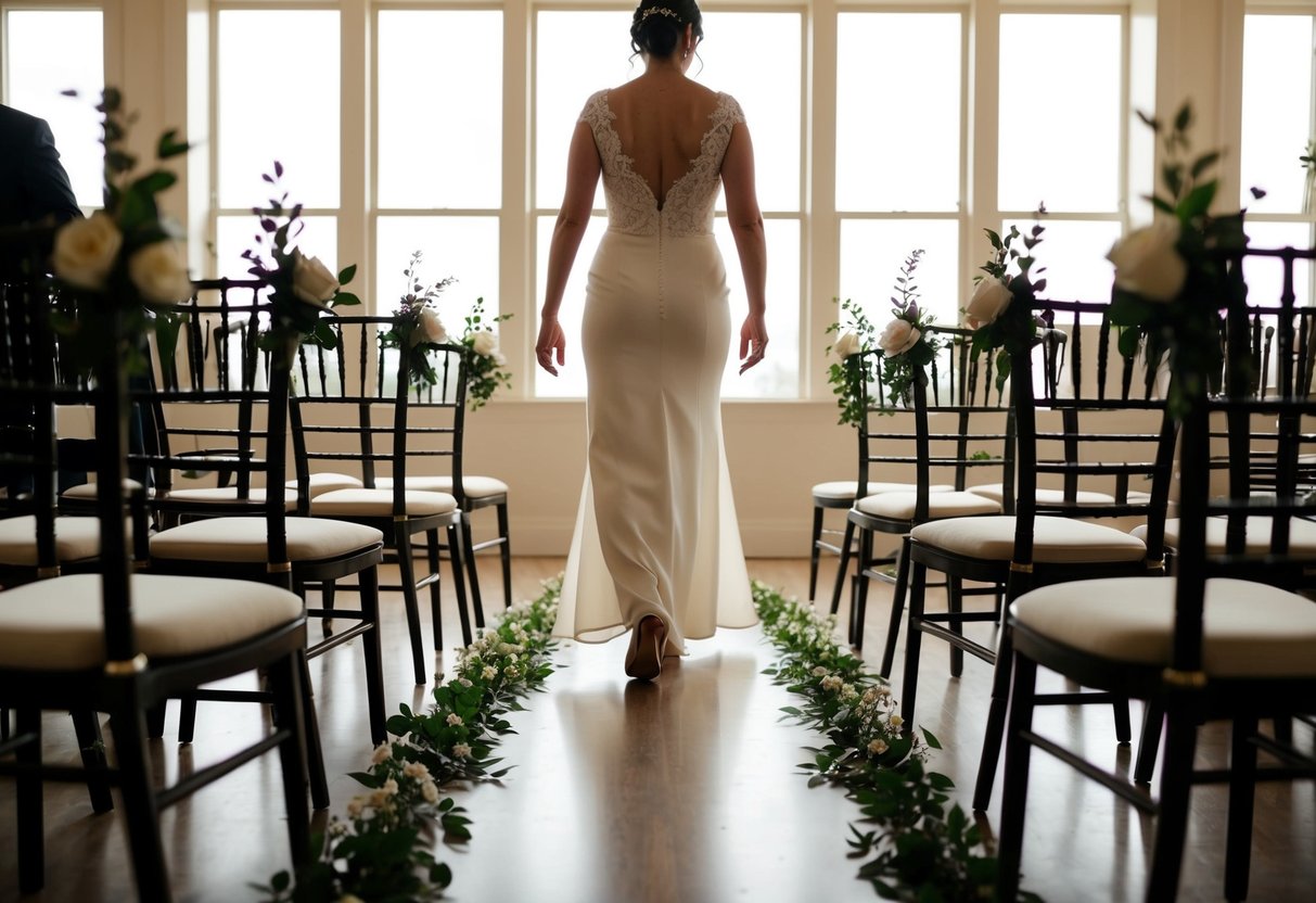 A lone figure walks down the aisle, flanked by empty chairs and adorned with flowers, as the soft light of the setting sun streams through the windows